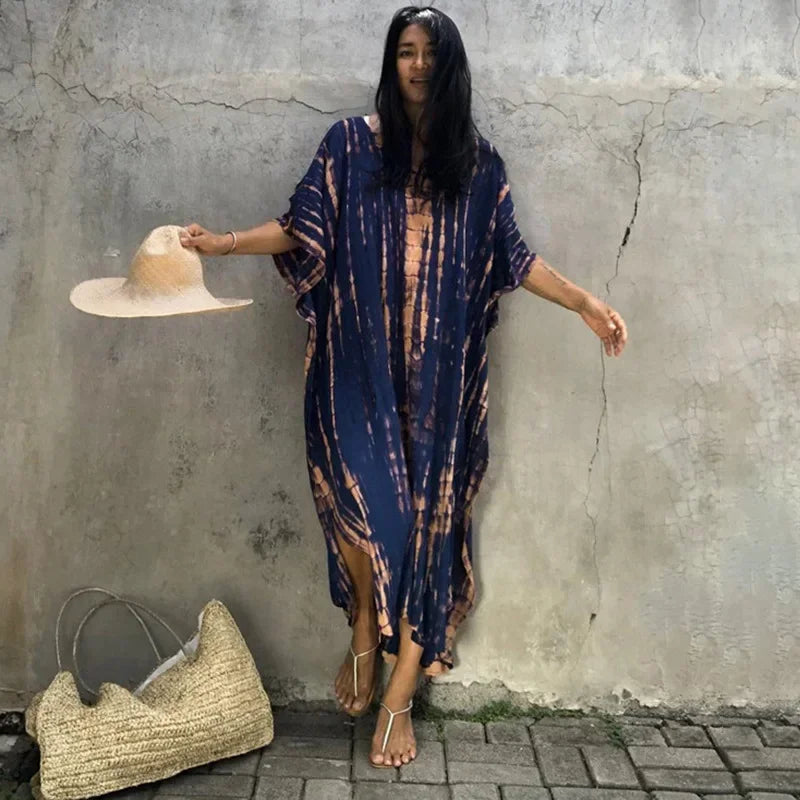 Maxi kaftan dress, navy with tan-and-blue vertical tie-dye stripes, loose V-neck