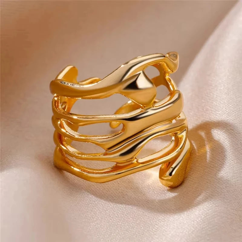Zircon Geometric Ring Collection | 18K Gold-Plated Adjustable Stainless Steel Rings for Women