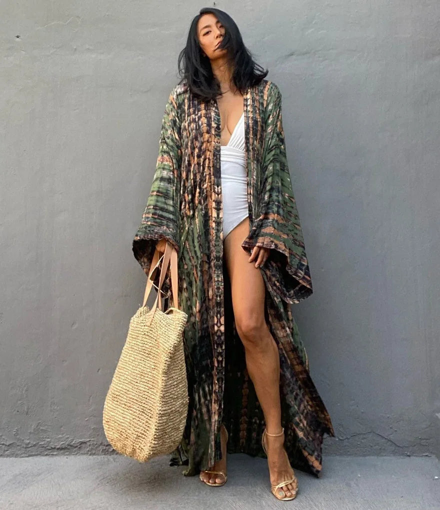 Tie Dye Kimono Wrap Dress | Self-Belted Beach Cover-Up for Women