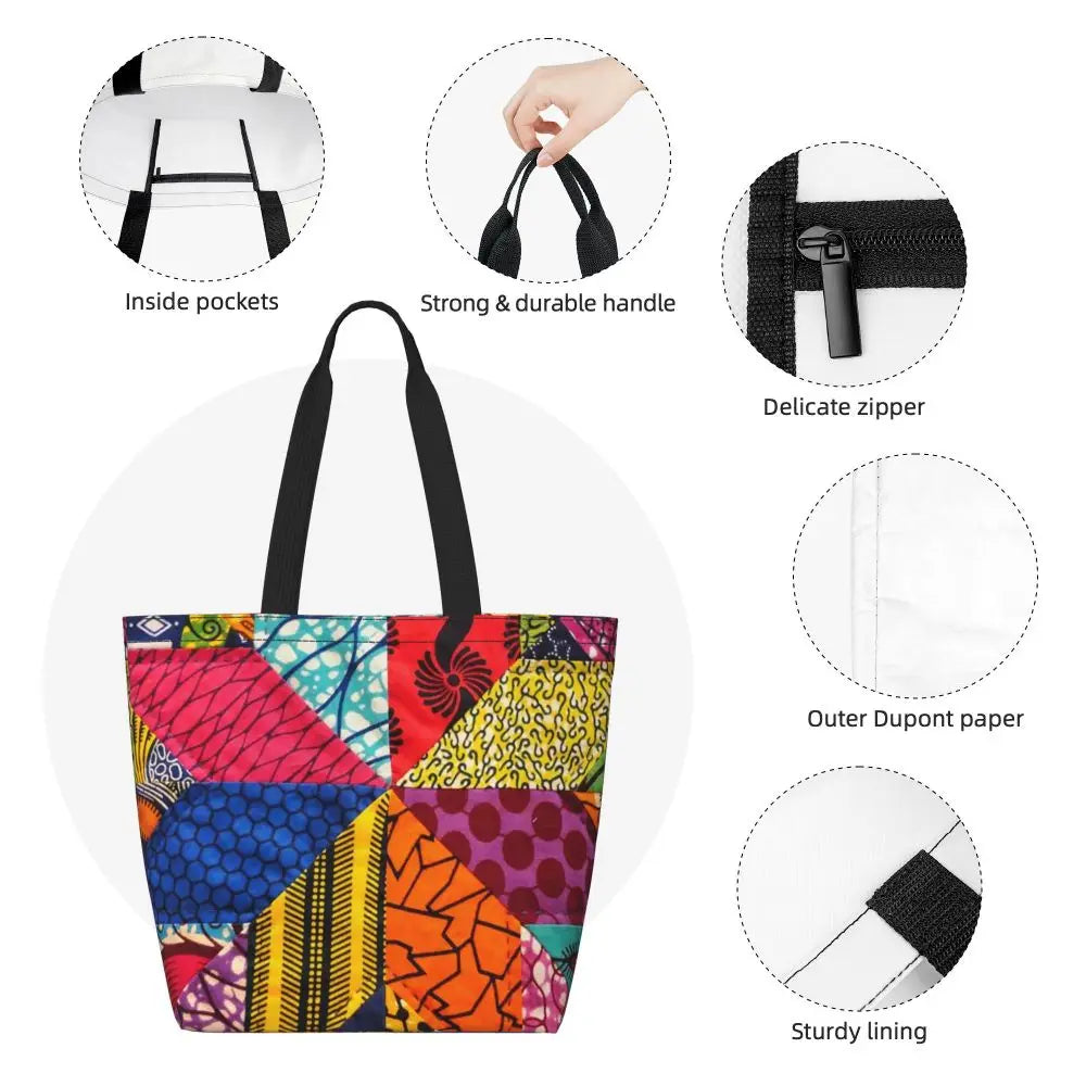 African Ankara Print Canvas Tote Bag | Washable Bohemian Shoulder Shopper