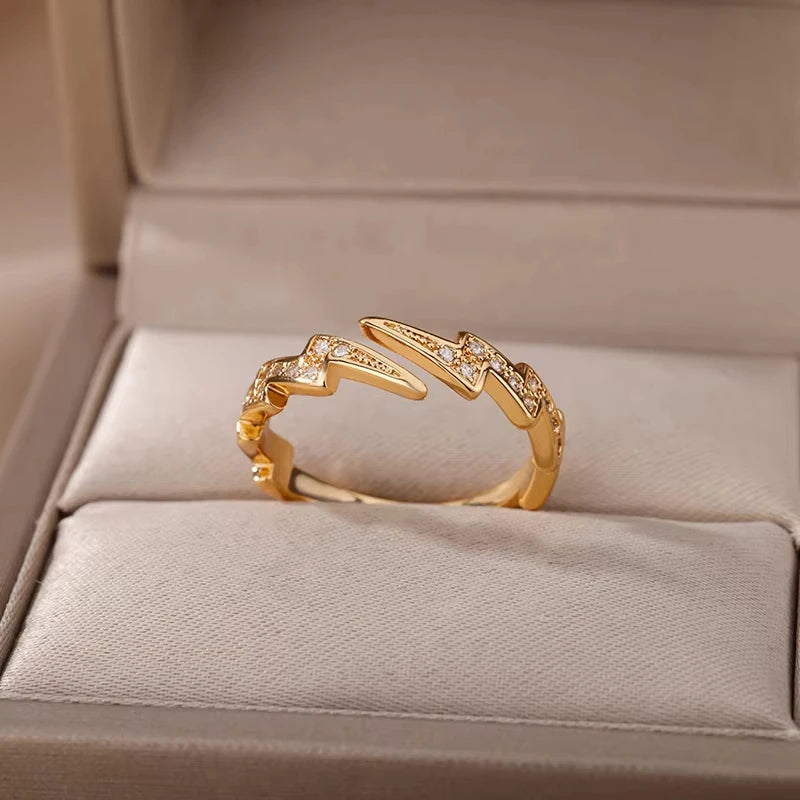 Zircon Geometric Ring Collection | 18K Gold-Plated Adjustable Stainless Steel Rings for Women