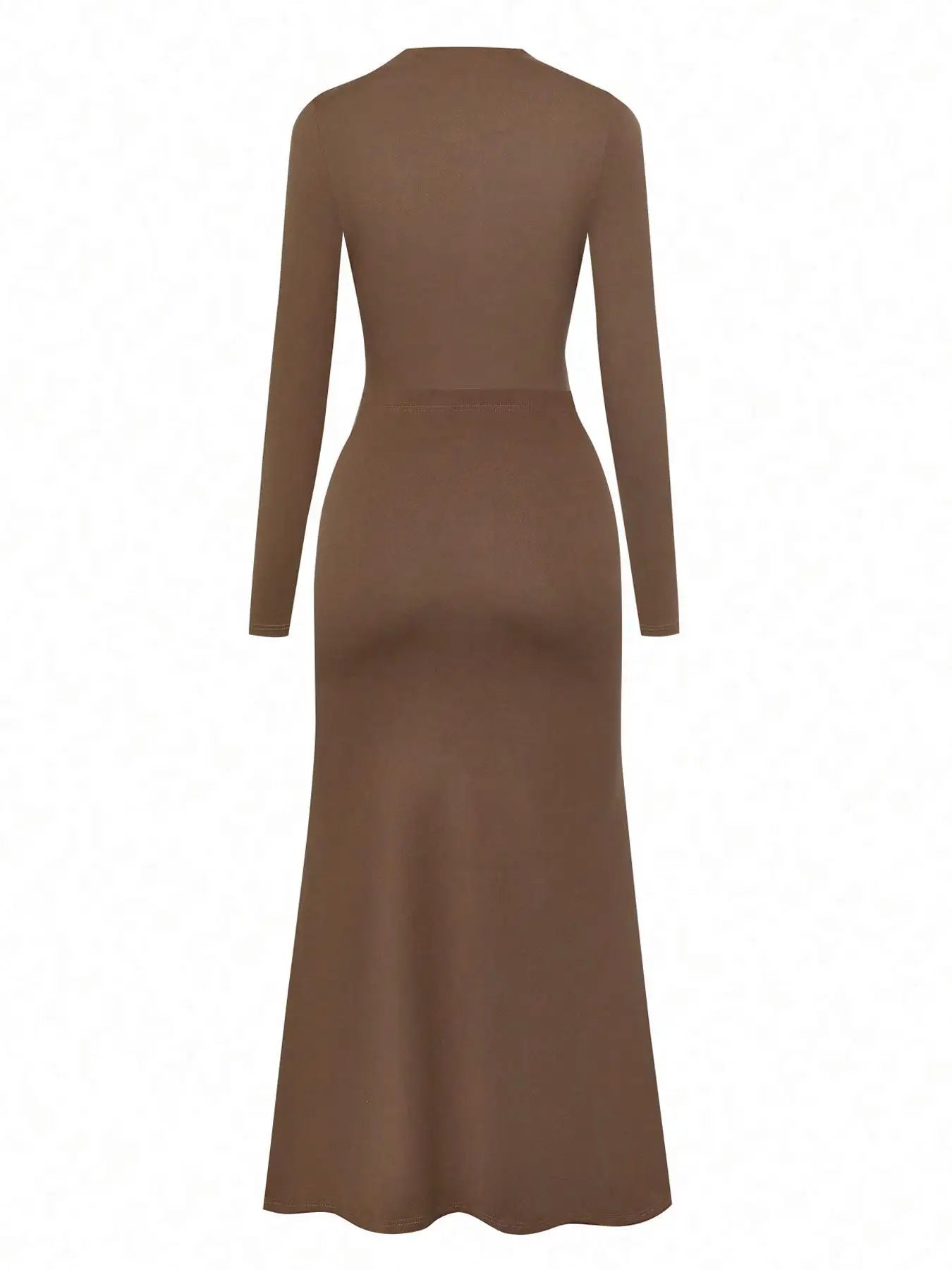 Brown long-sleeve ruched bodysuit back with ankle-length skirt, two-piece set
