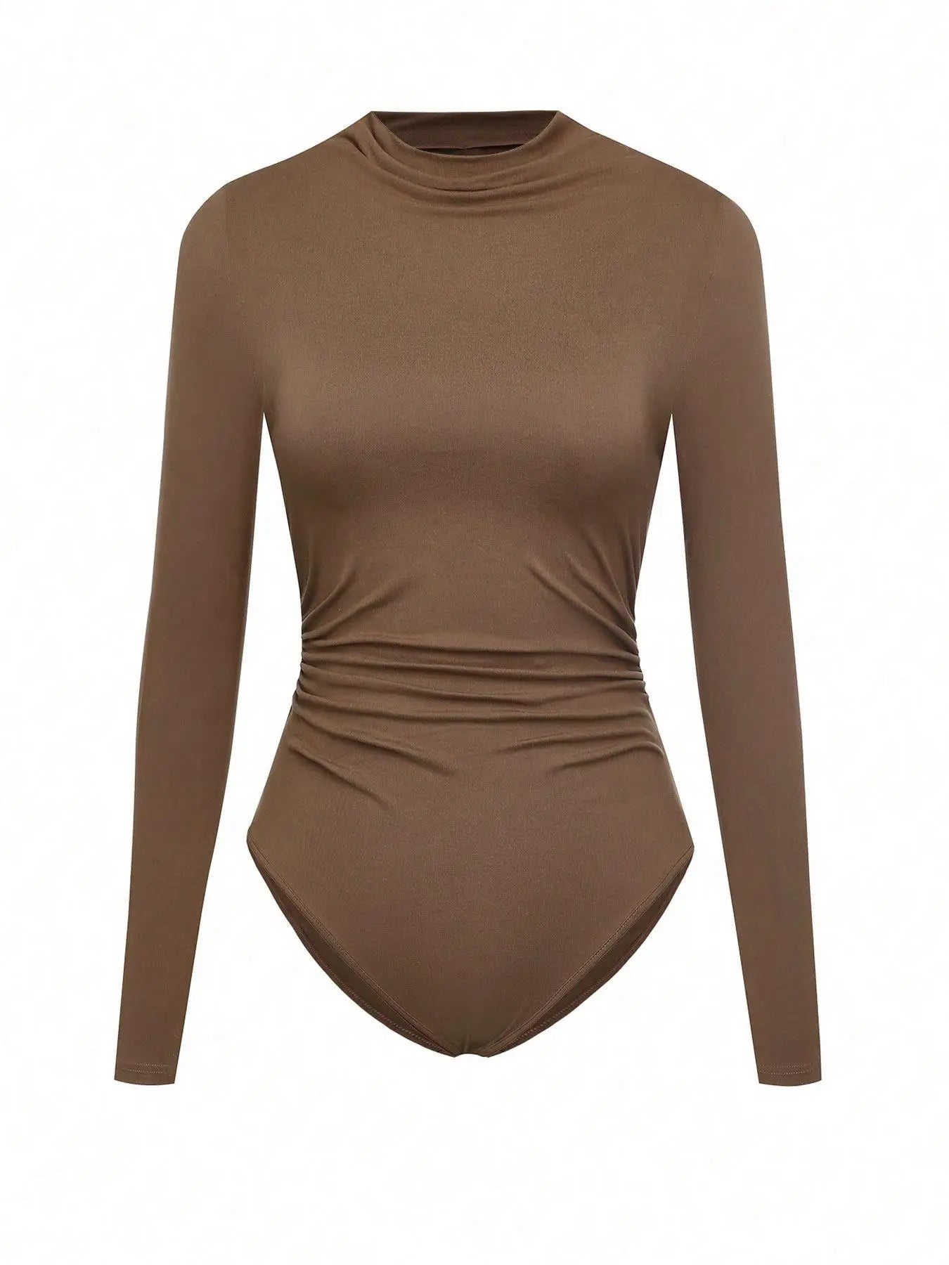 Brown long-sleeve ruched bodysuit with attached maxi skirt, two-piece set