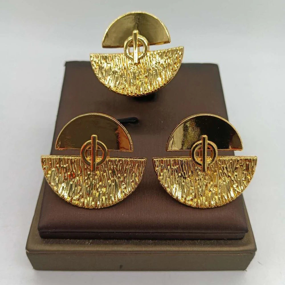 Gold-tone half-moon earrings and matching disc ring top in set