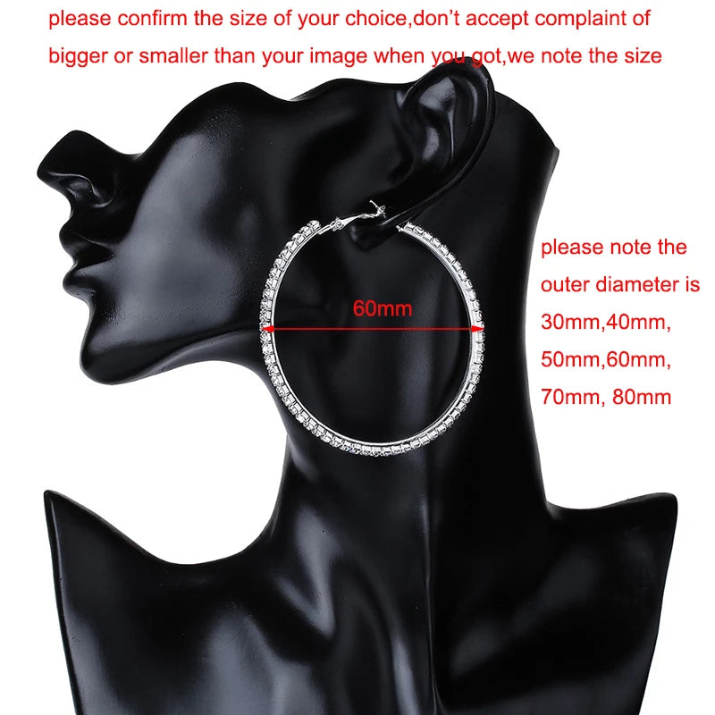 Crystal Rhinestone Big Hoop Earrings | 30–80mm Circle Hoops in Gold, Silver, Black & Rose Gold