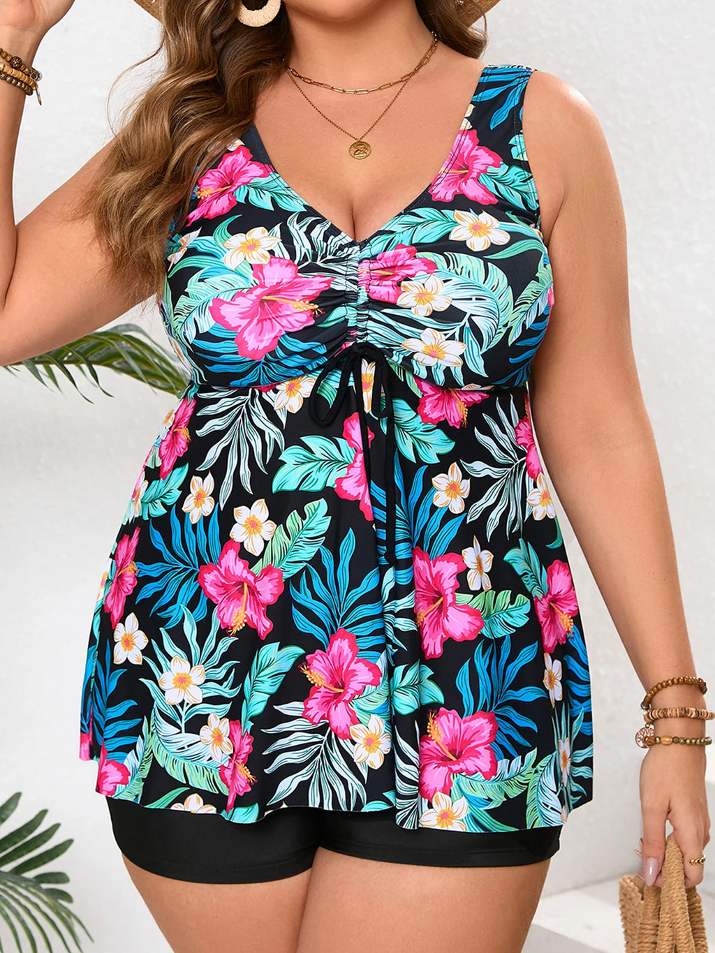 Women's Plus Size Floral Print Tankini Set | Two-Piece Swimsuit with Boy Shorts | 0XL–5XL