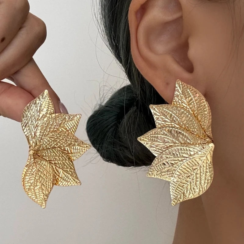 Oversized Gold Leaf Drop Earrings | Exaggerated Plant Drop Earrings for Women