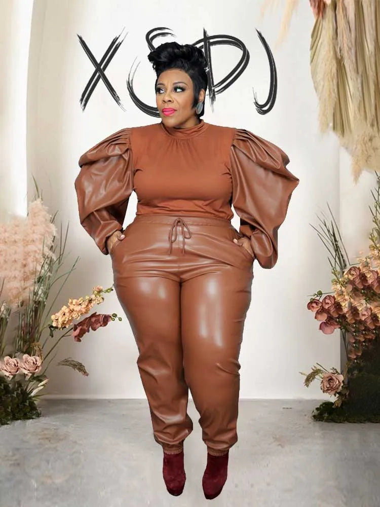 Women's brown puff-sleeve knit top and faux leather pants set with ruched waistband