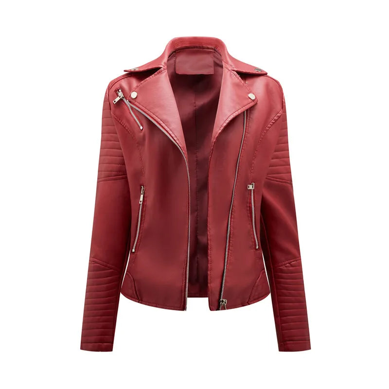 Wine red faux leather biker jacket with v-neck, front zip, and zip pockets