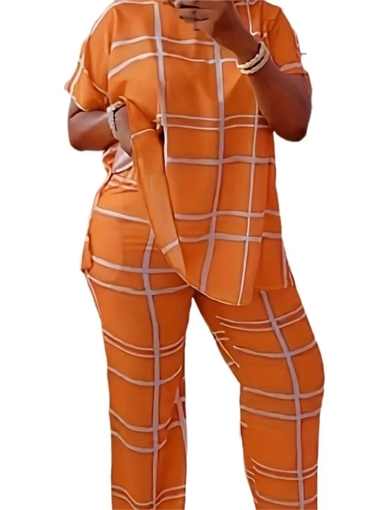 Women’s striped grid 2-piece set with round neck and matching pants, orange