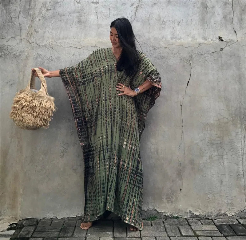 Bohemian Striped Beach Dress | Printed Kaftan Swimsuit Cover Up for Women
