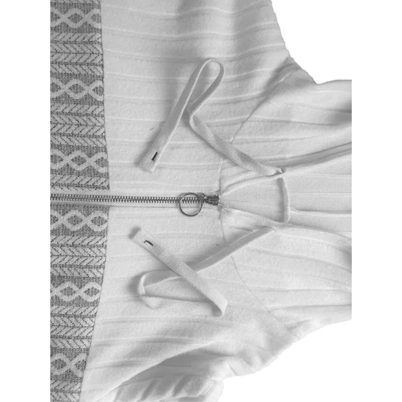 Hooded zip-up top close-up with drawstring and zipper, white knit texture