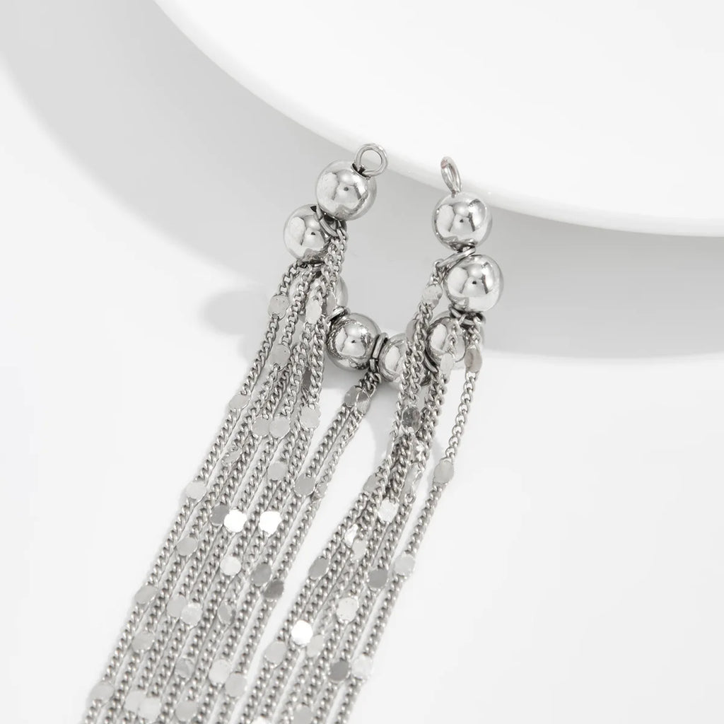 Silver dangling chain tassel ear clips with round bead top and hoop links