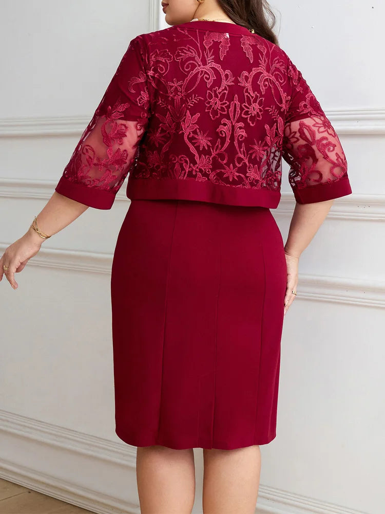 Burgundy bodycon dress set with lace jacket, back view, elbow-length sleeves