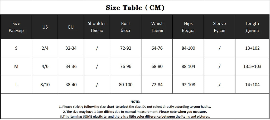 Dress set size chart with shoulder, bust, waist, hip and length measurements