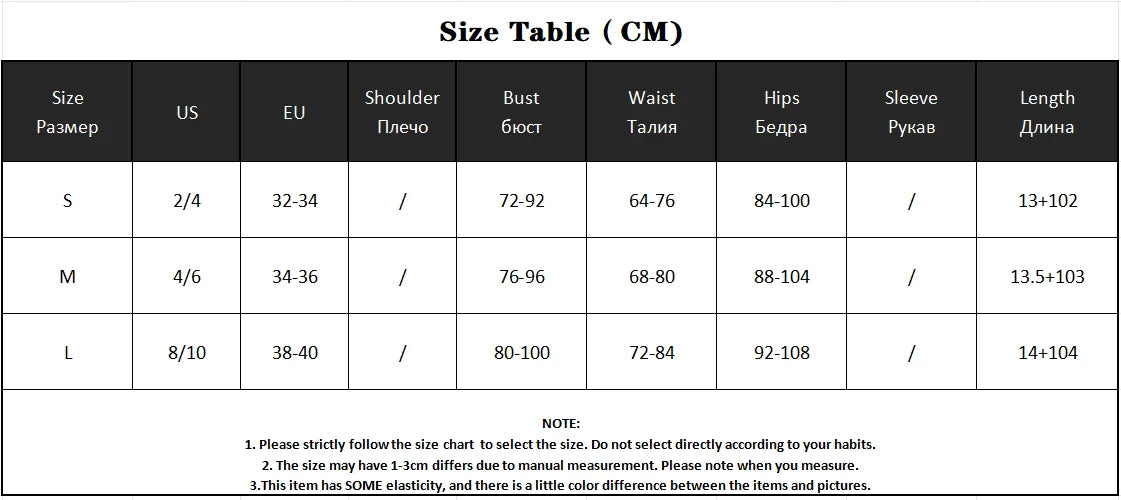 Dress set size chart with shoulder, bust, waist, hip and length measurements