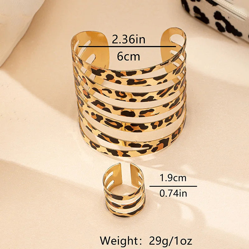 Leopard Print Bracelet & Ring Set | 2pc Hollow Striped Stainless Steel Jewelry