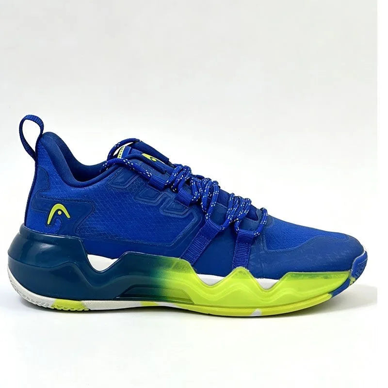 Blue mid-top court sneaker with neon green sole and dark heel