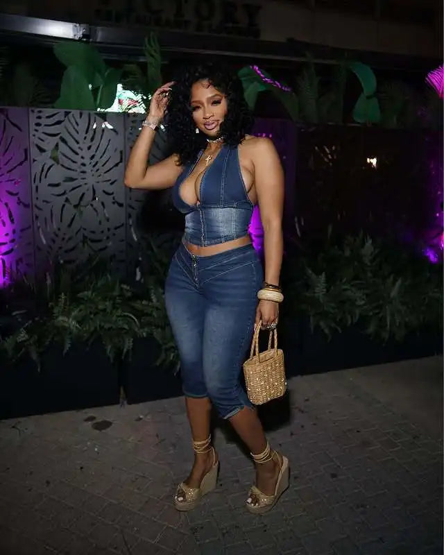 Y2K Denim Halter Crop Top & Jeans 2-Piece Set | Backless Streetwear for Women