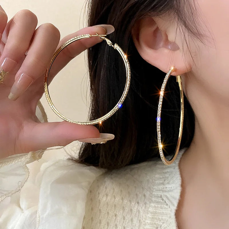 Crystal Rhinestone Big Hoop Earrings | 30–80mm Circle Hoops in Gold, Silver, Black & Rose Gold