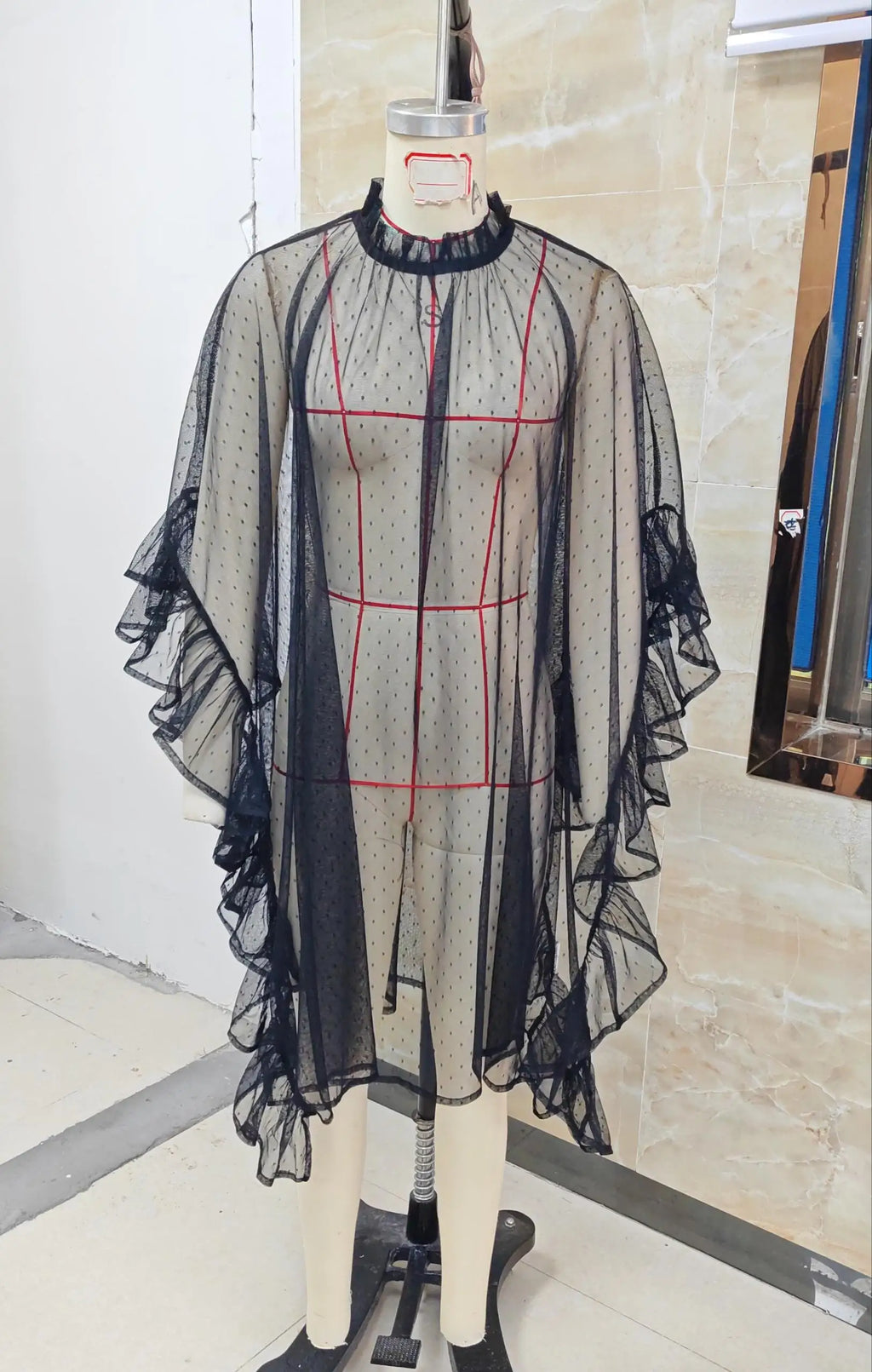 Sheer Ruffle Trim Poncho Cover-Up | Flowy Cape Shawl for Women