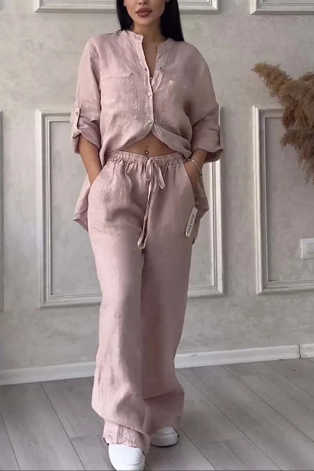 Women's linen button shirt & drawstring pants set, blush pink, button front, drawstring pants.
