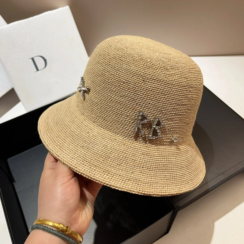 Rhinestone Luxury Raffia Crochet Bucket Hat