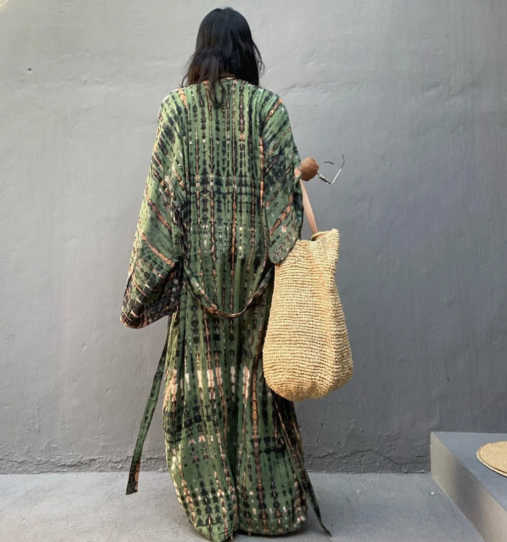 Tie Dye Kimono Wrap Dress | Self-Belted Beach Cover-Up for Women