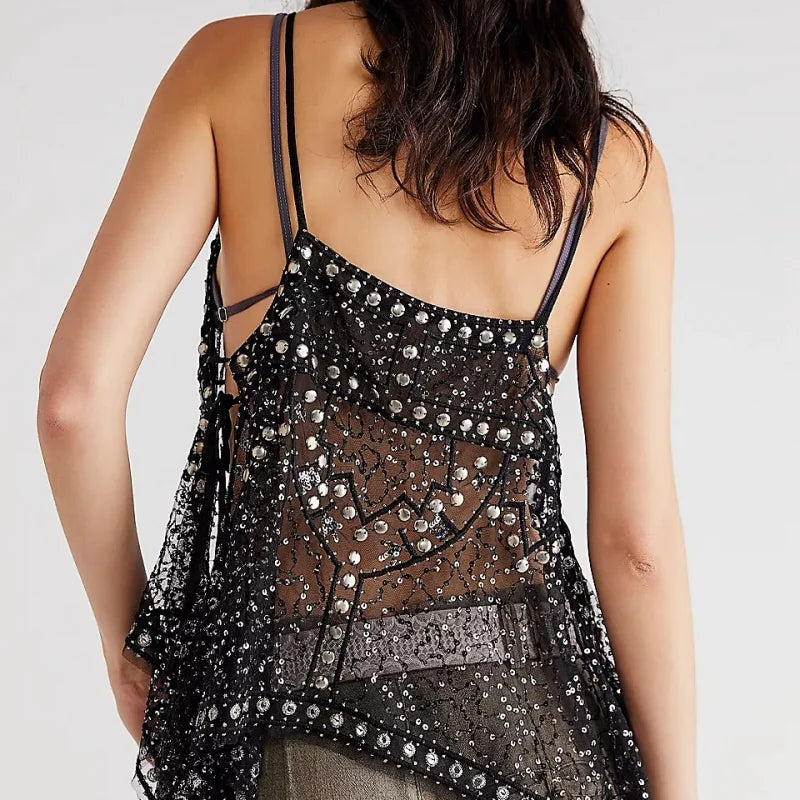 Black backless halter crop top with rhinestone trim and mesh sequin front