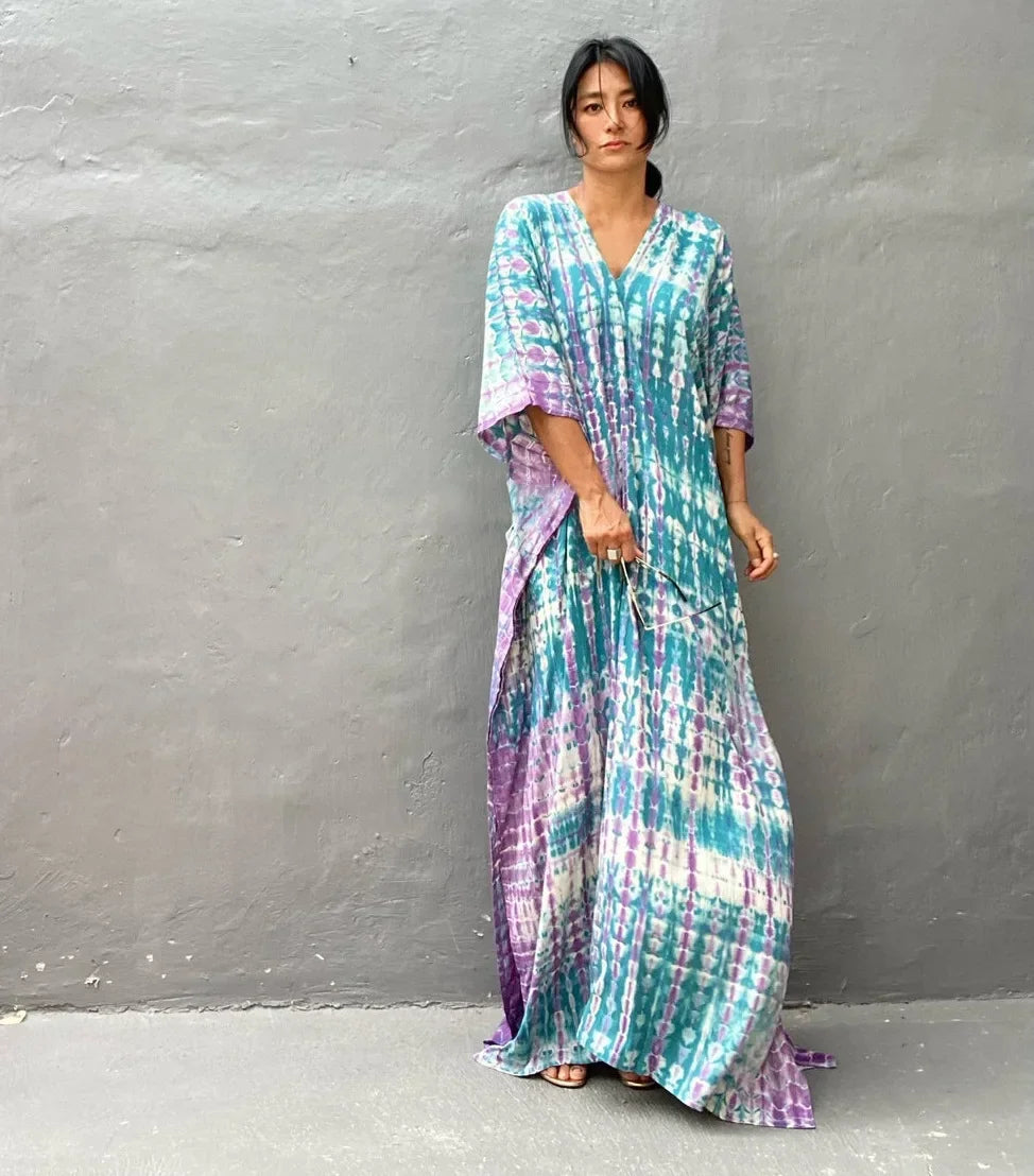 Women’s boho striped beach kaftan in aqua and purple; V-neck, flowing maxi dress.