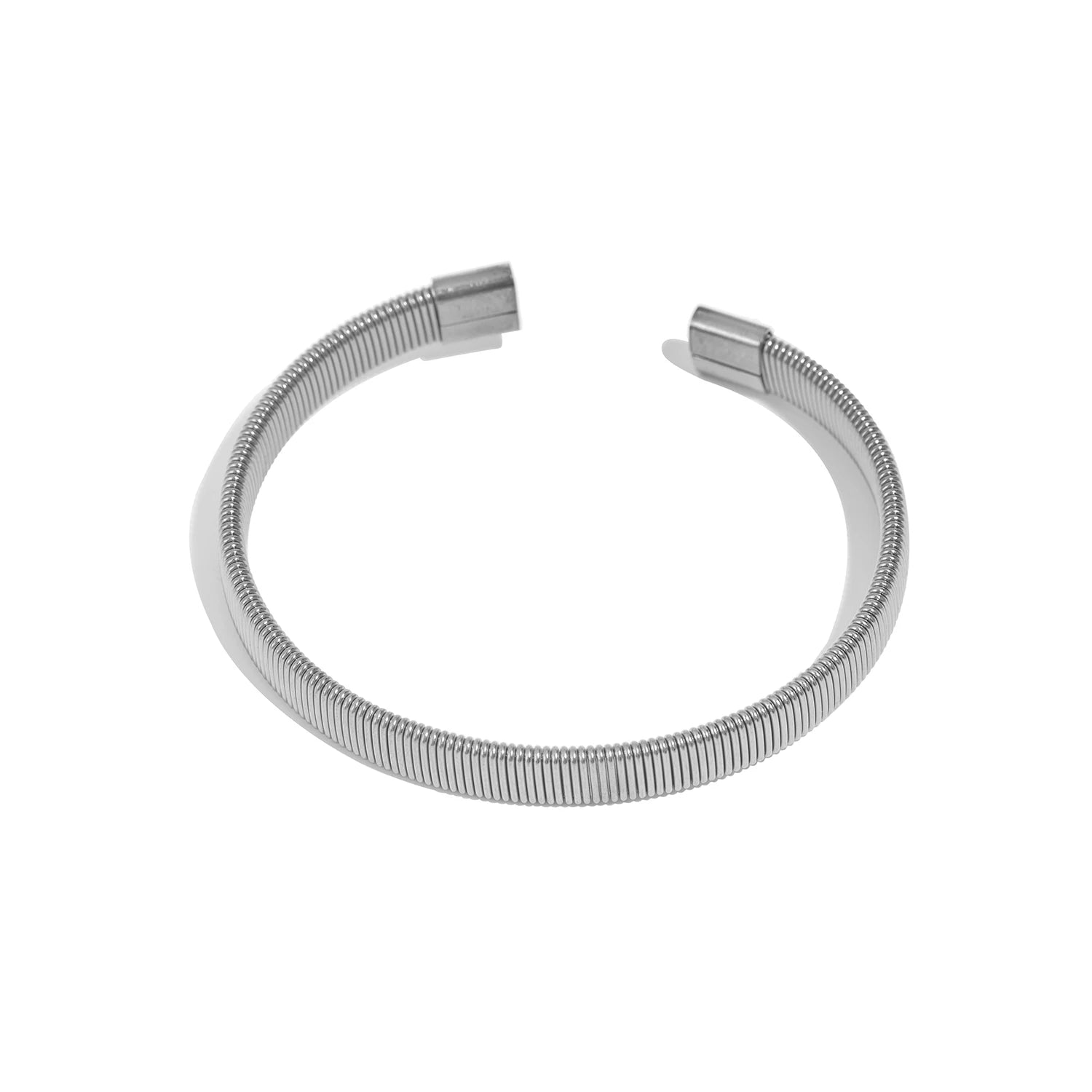 Silver-tone ribbed open bangle bracelet with flat clasp ends