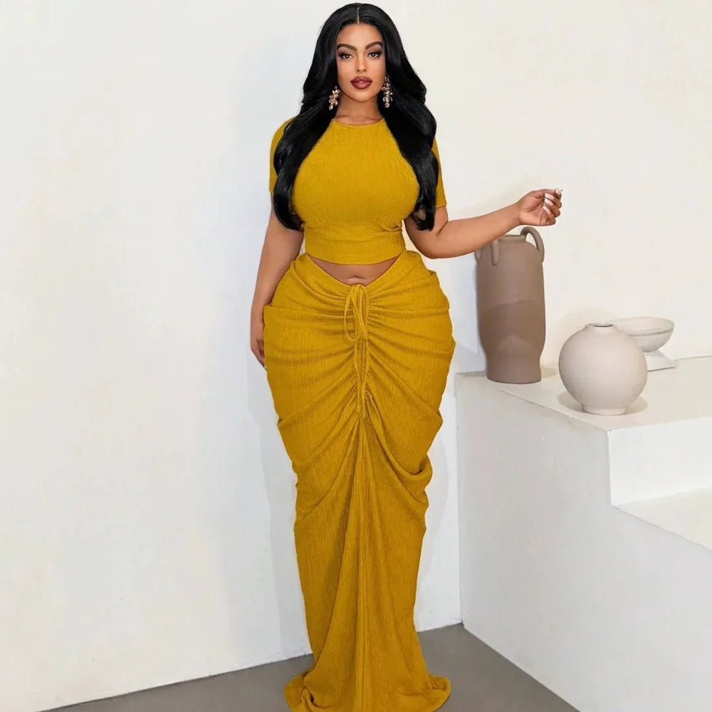 Yellow fitted crop top and ruched maxi skirt with drawstring tie 2-piece set