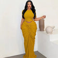 Yellow fitted crop top and ruched maxi skirt with drawstring tie 2-piece set