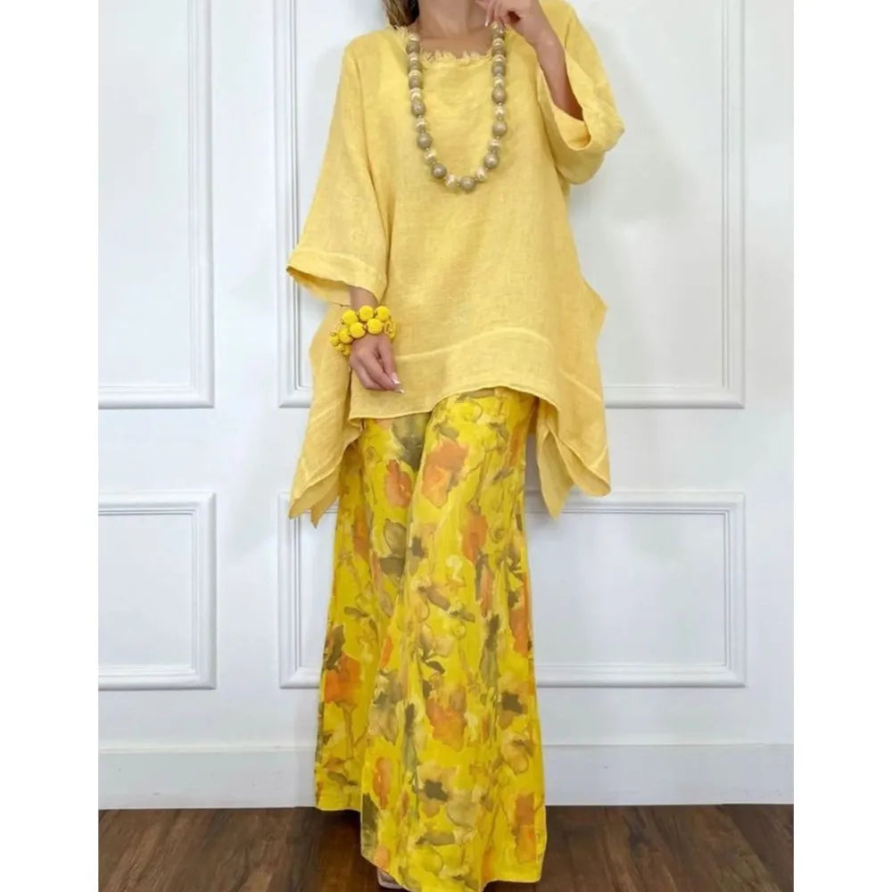Yellow printed tunic and wide-leg pants set with relaxed fit and layered drape