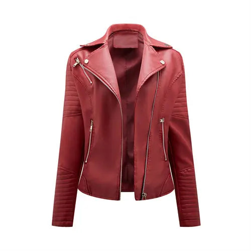 Wine red faux leather biker jacket, V-neck zip-up with stand collar and zip pockets