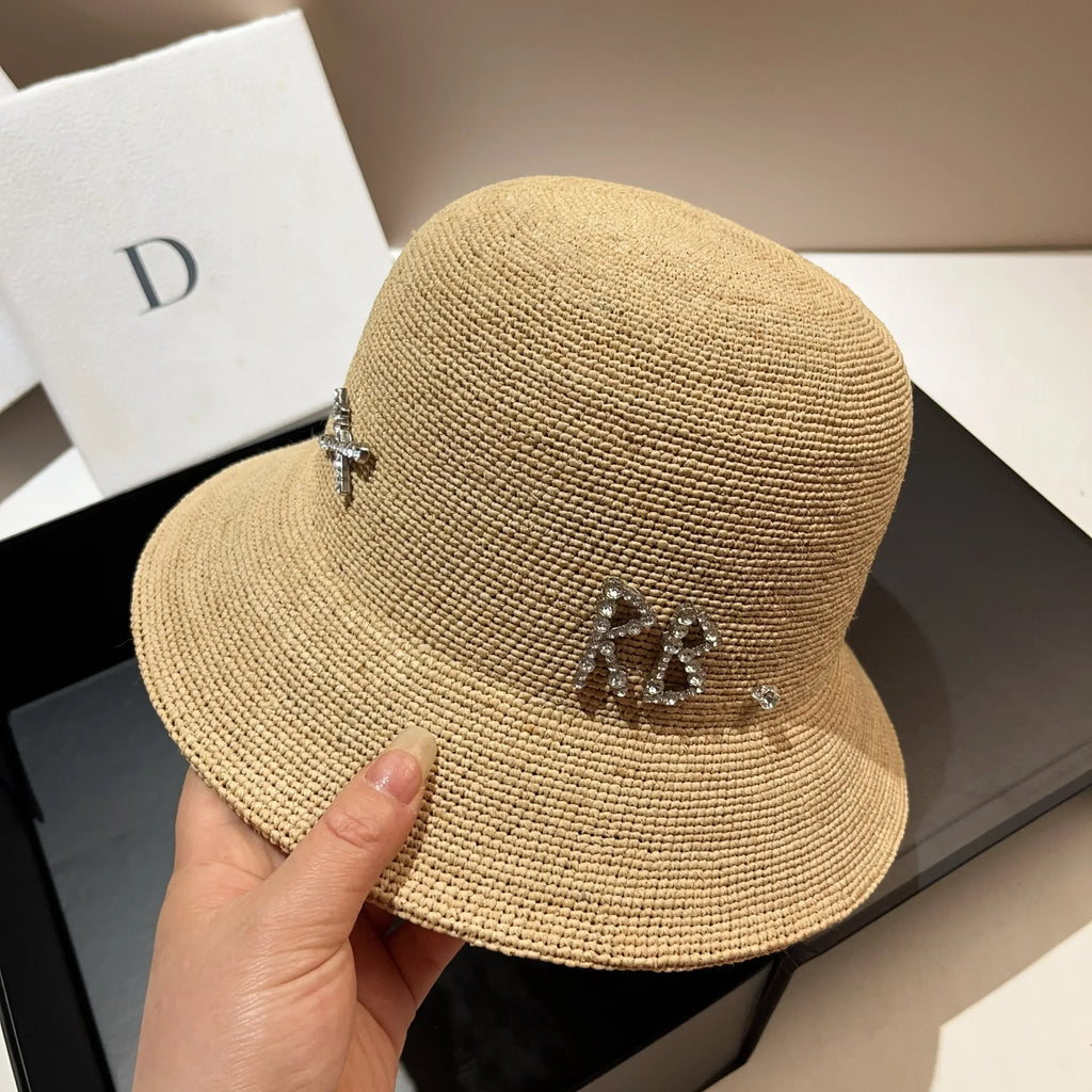 Rhinestone Luxury Raffia Crochet Bucket Hat