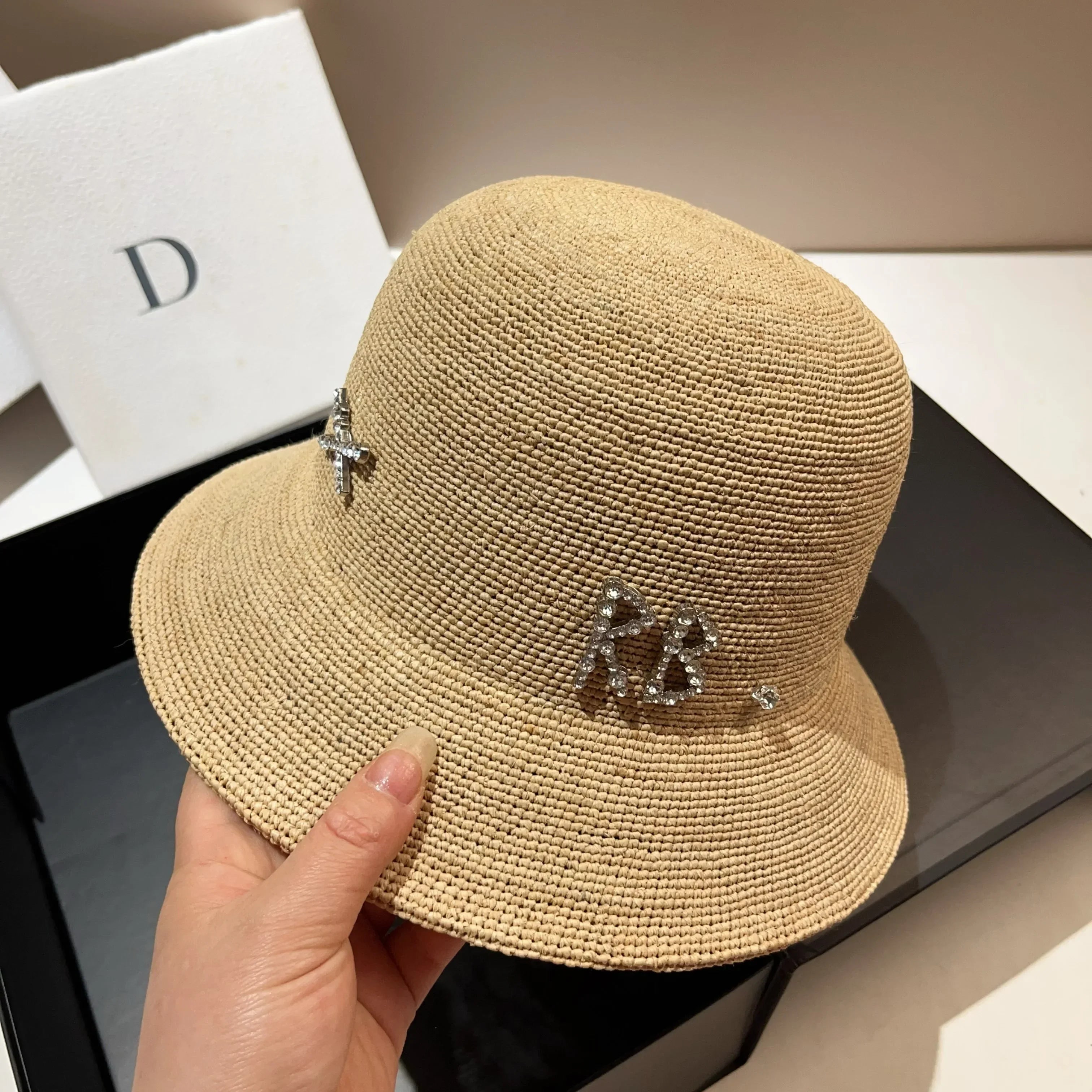 Rhinestone Luxury Raffia Crochet Bucket Hat