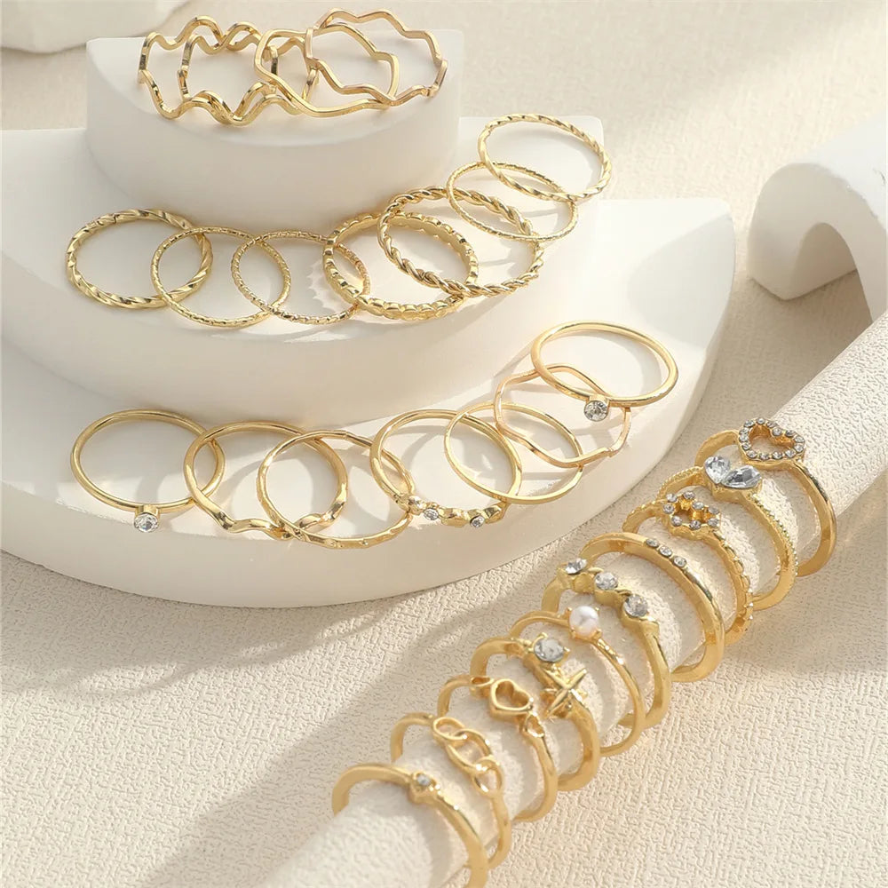 Crystal Wave & Heart Ring Set | Bohemian Stackable Rings for Women