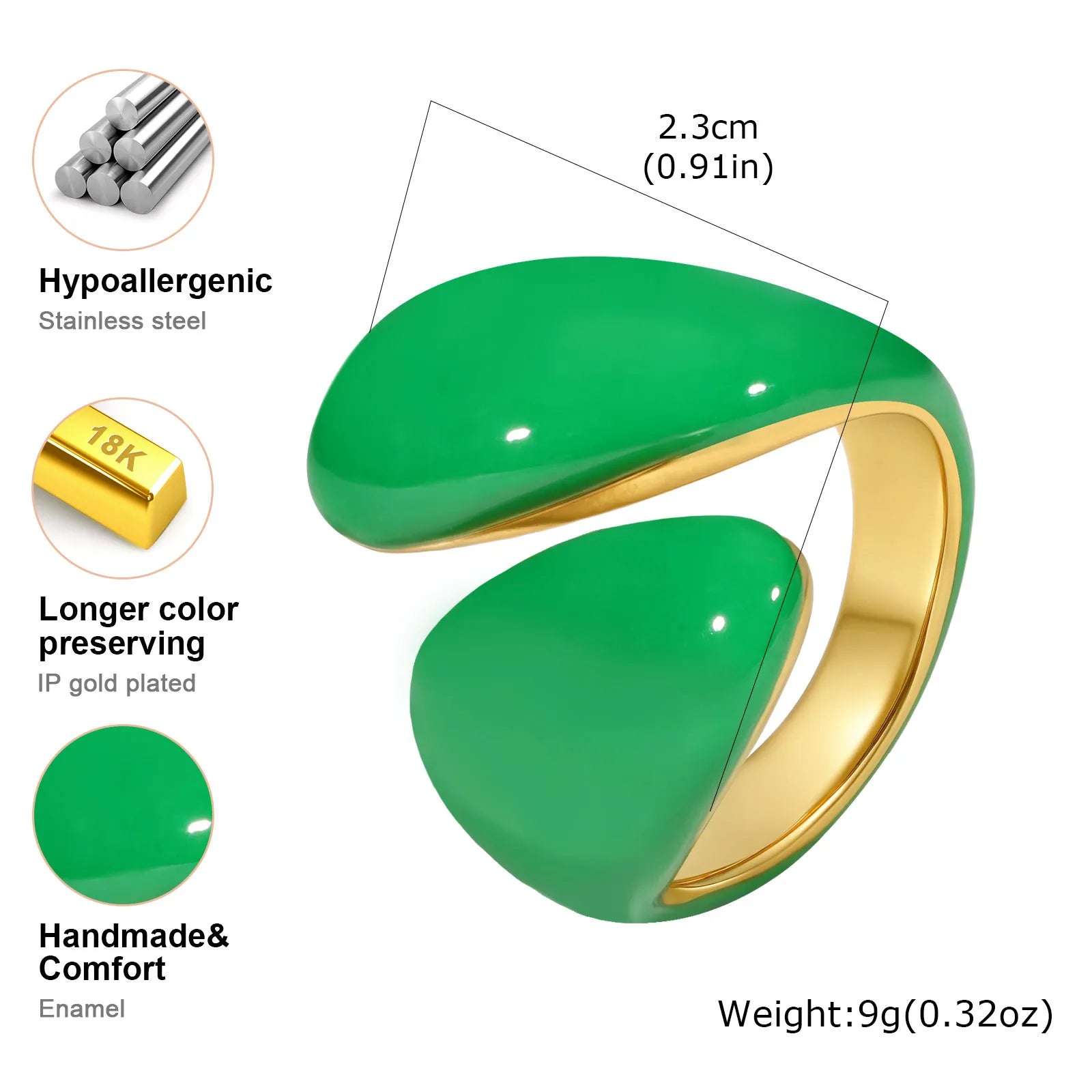 Stacked chunky enamel crossover rings, green enamel with gold-tone inner bands