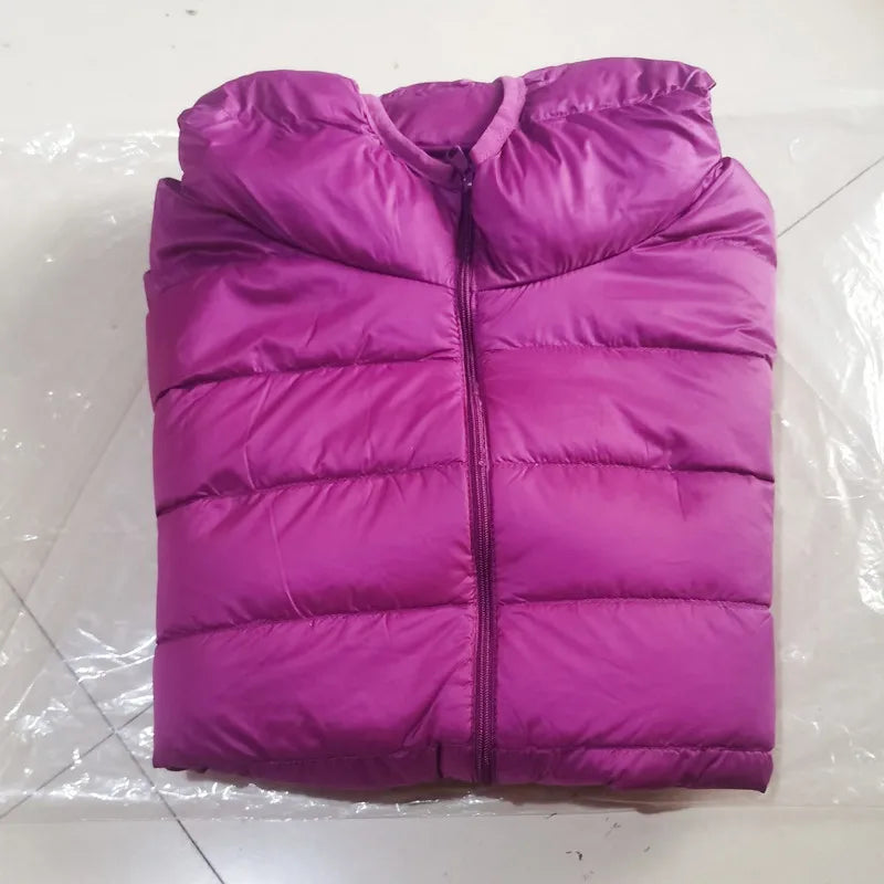 Purple puffer jacket with full-zip front and quilted horizontal baffles