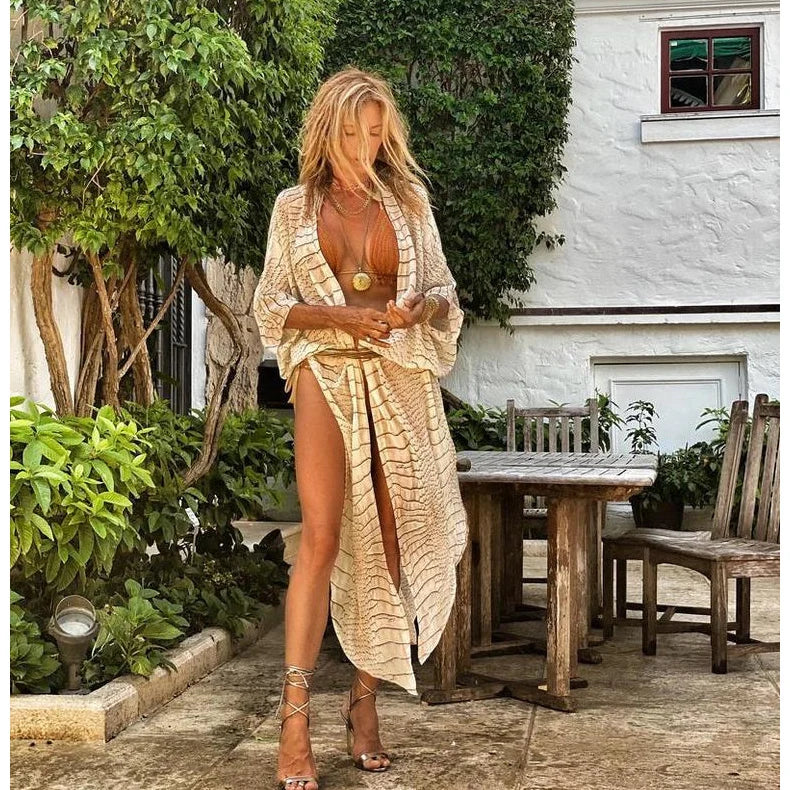 Beige snake-print open-front maxi cover-up dress with draped front and V-neck