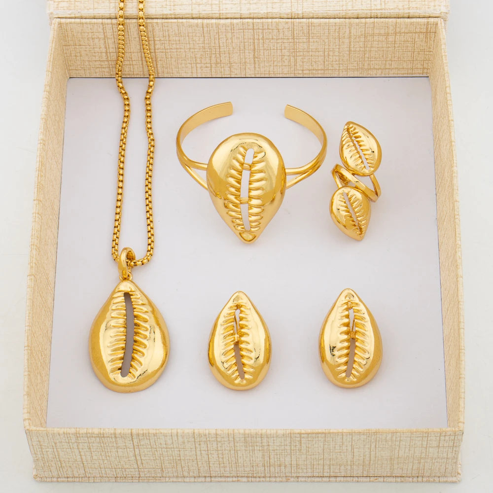 African Shell Gold Jewelry Set | 18K Gold-Plated Earrings, Pendant, Bracelet & Ring for Women
