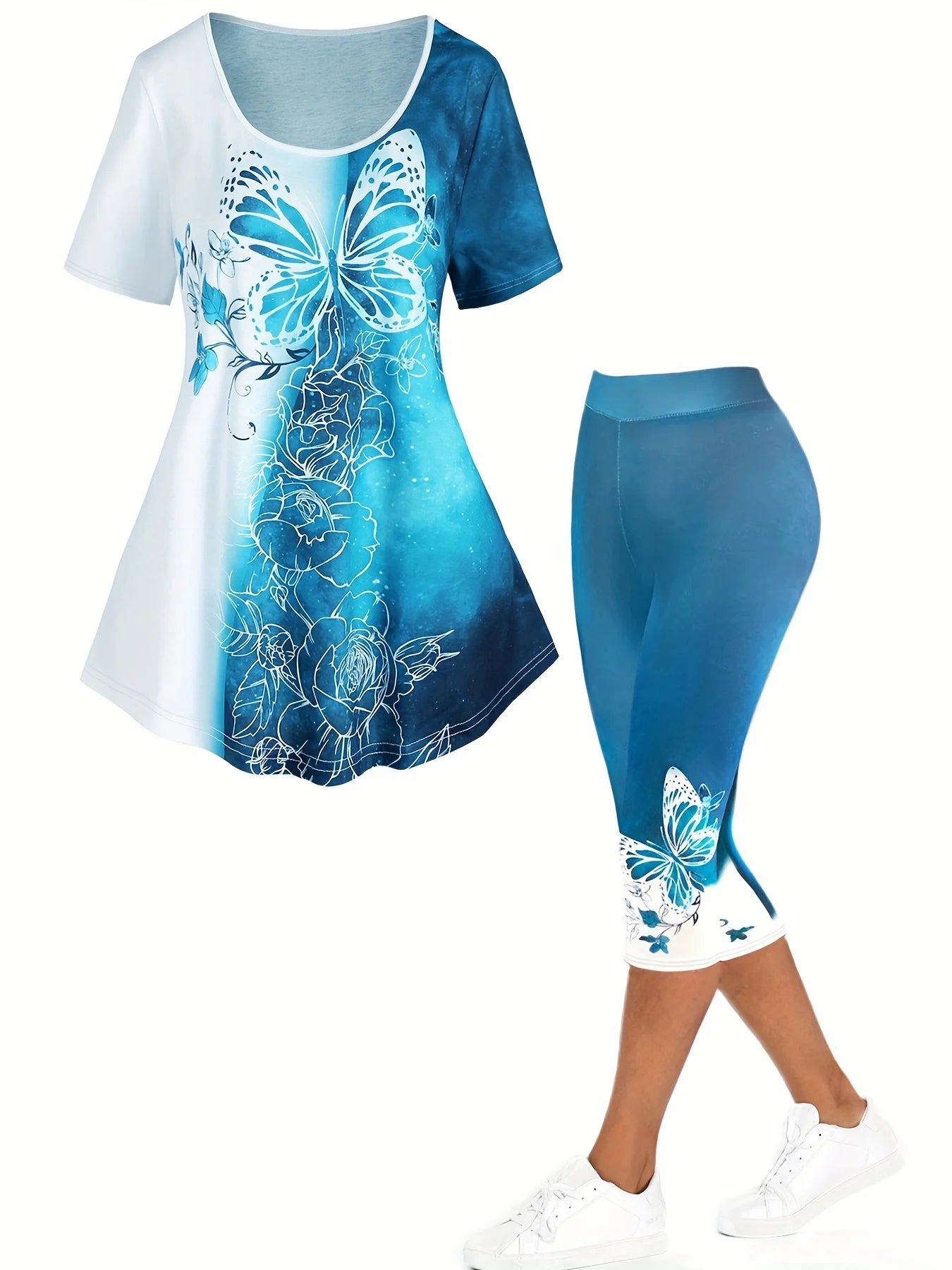 Women's plus size butterfly print set: blue short-sleeve top and capri pants