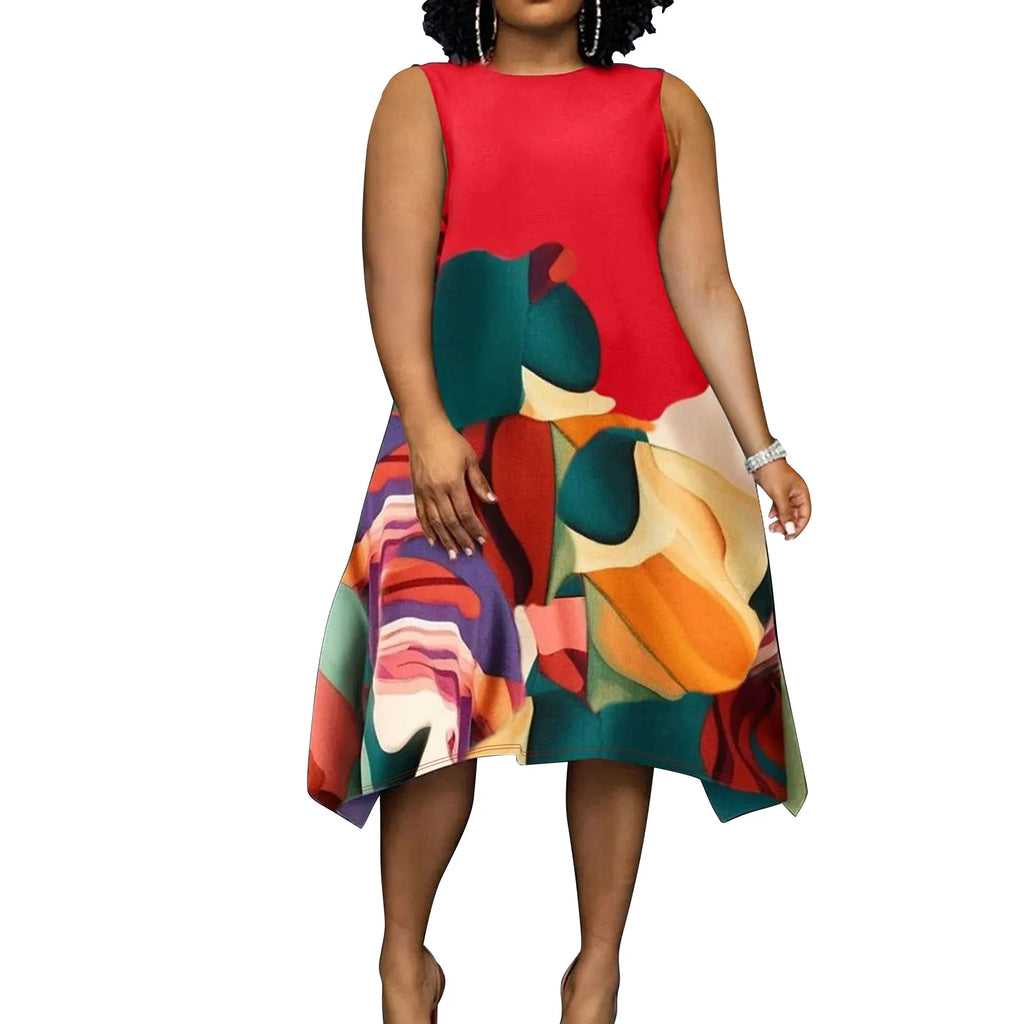 Red sleeveless A-line midi dress with colorful abstract floral print, full-length front view
