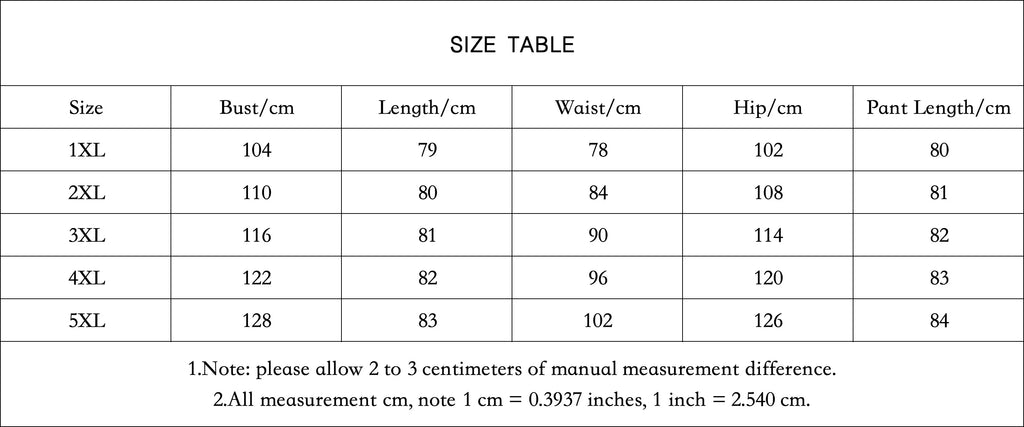 Size chart table for plus size set with bust, length, waist, hip, and pant length (cm)
