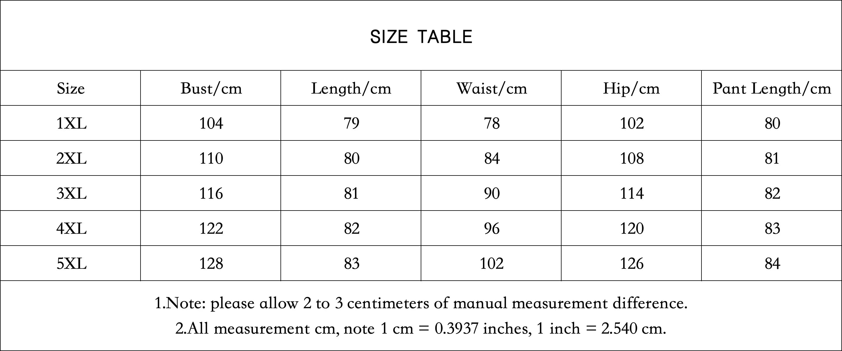 Size chart table for plus size set with bust, length, waist, hip, and pant length (cm)