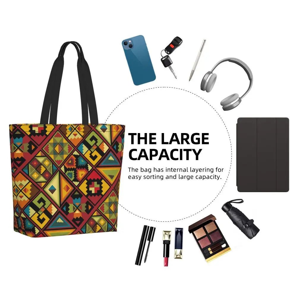 African Ankara Print Canvas Tote Bag | Washable Bohemian Shoulder Shopper